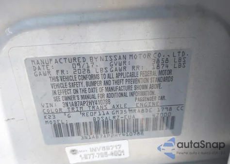 2017 Nissan Sentra Sr from USA, damaged, VIN 3N1AB7AP2HY410788